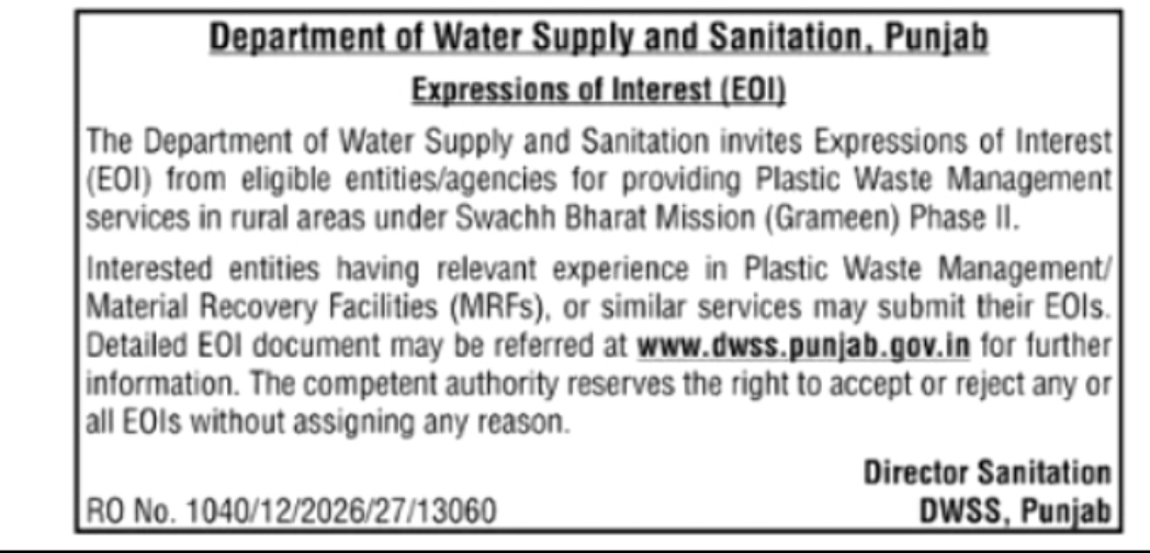 Punjab DWSS Invites Expression of Interest for Plastic Waste Management Services