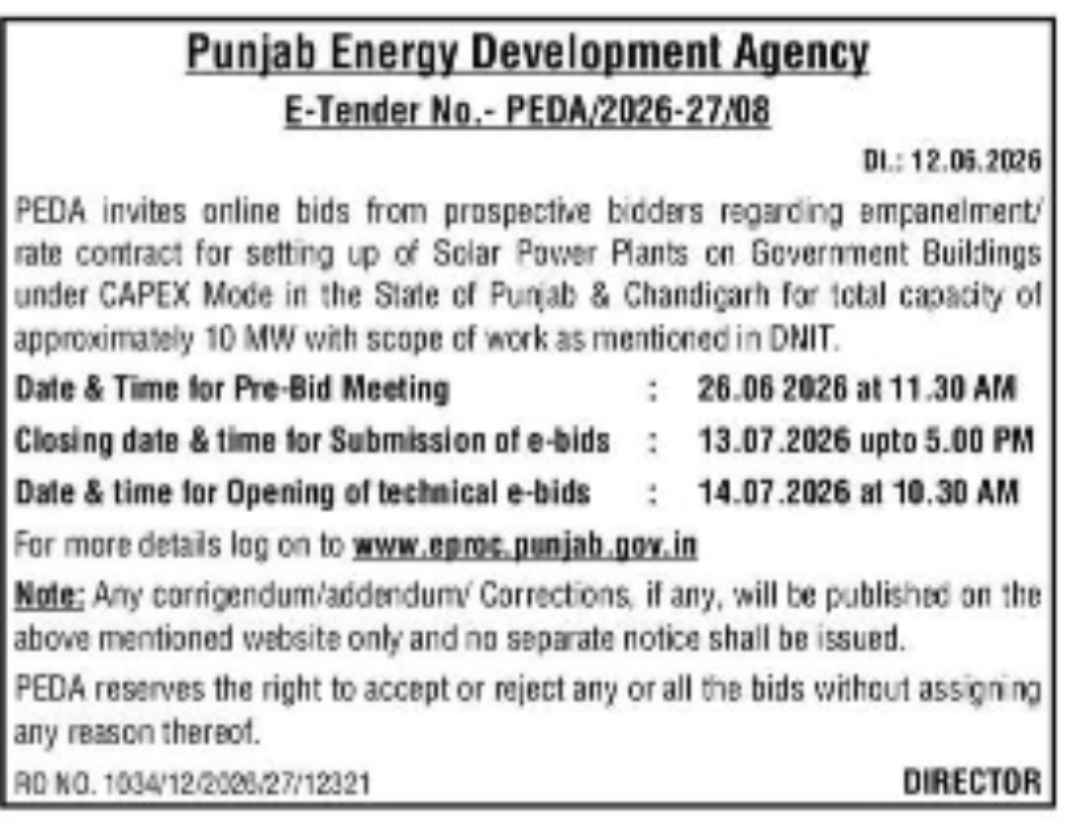 Punjab Energy Development Agency (PEDA) Tender Notice