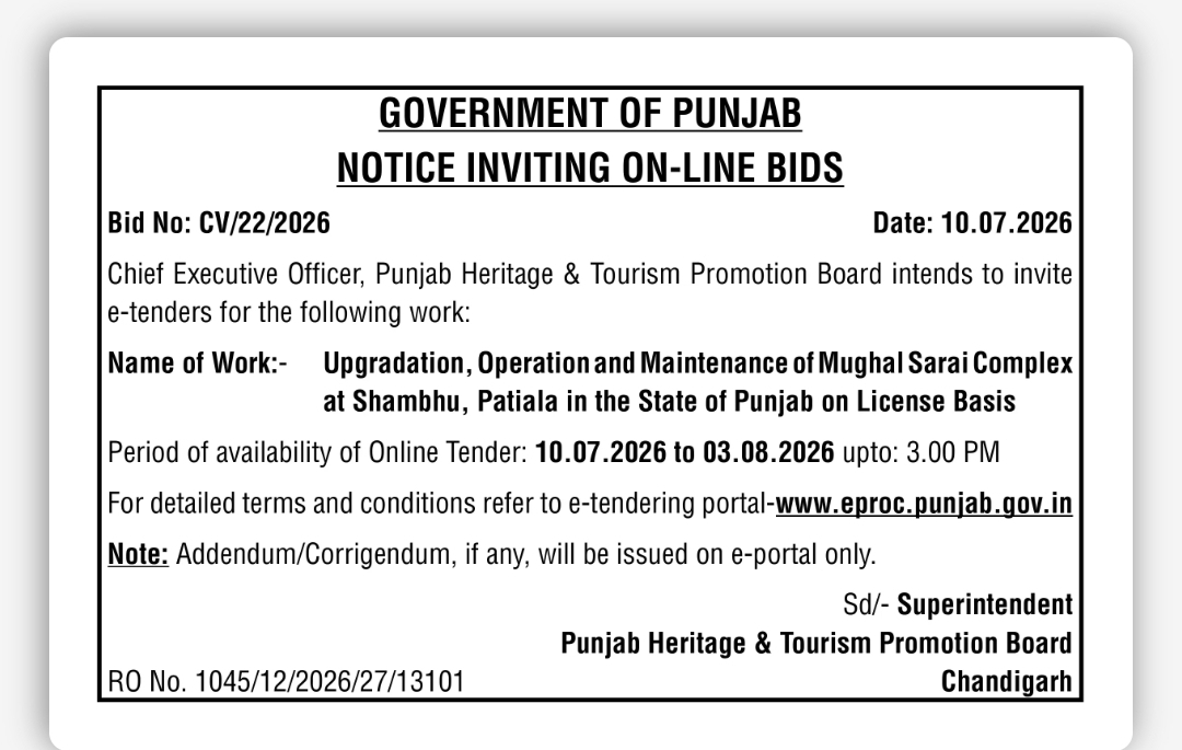 Punjab Heritage & Tourism Promotion Board Invites E-Tender for Mughal Sarai Complex at Shambhu, Patiala