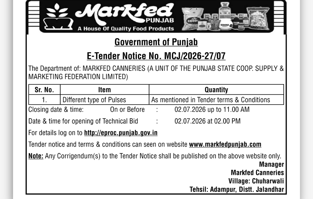 Punjab MARKFED Invites E-Tenders for Supply of Different Types of Pulses