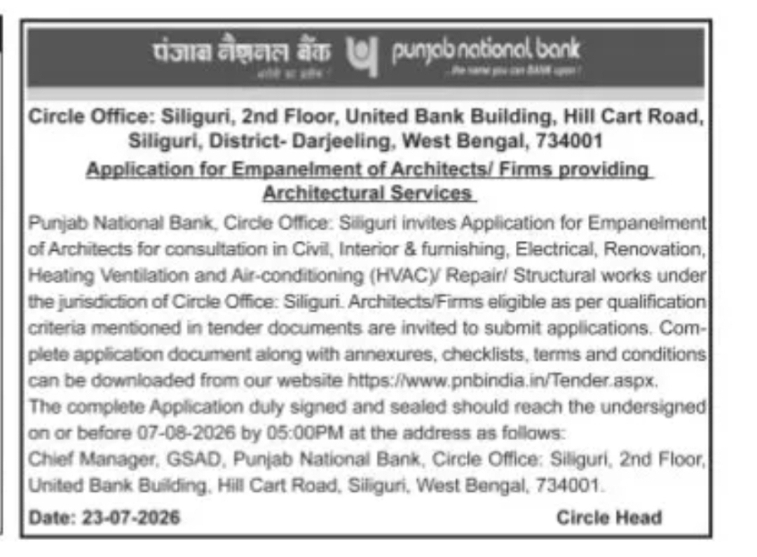Punjab National Bank Invites Applications for Empanelment of Architects – Siliguri