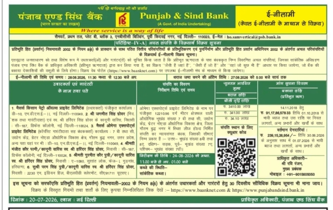 Punjab & Sind Bank E-Auction Sale Notice – Greater Noida Industrial Property