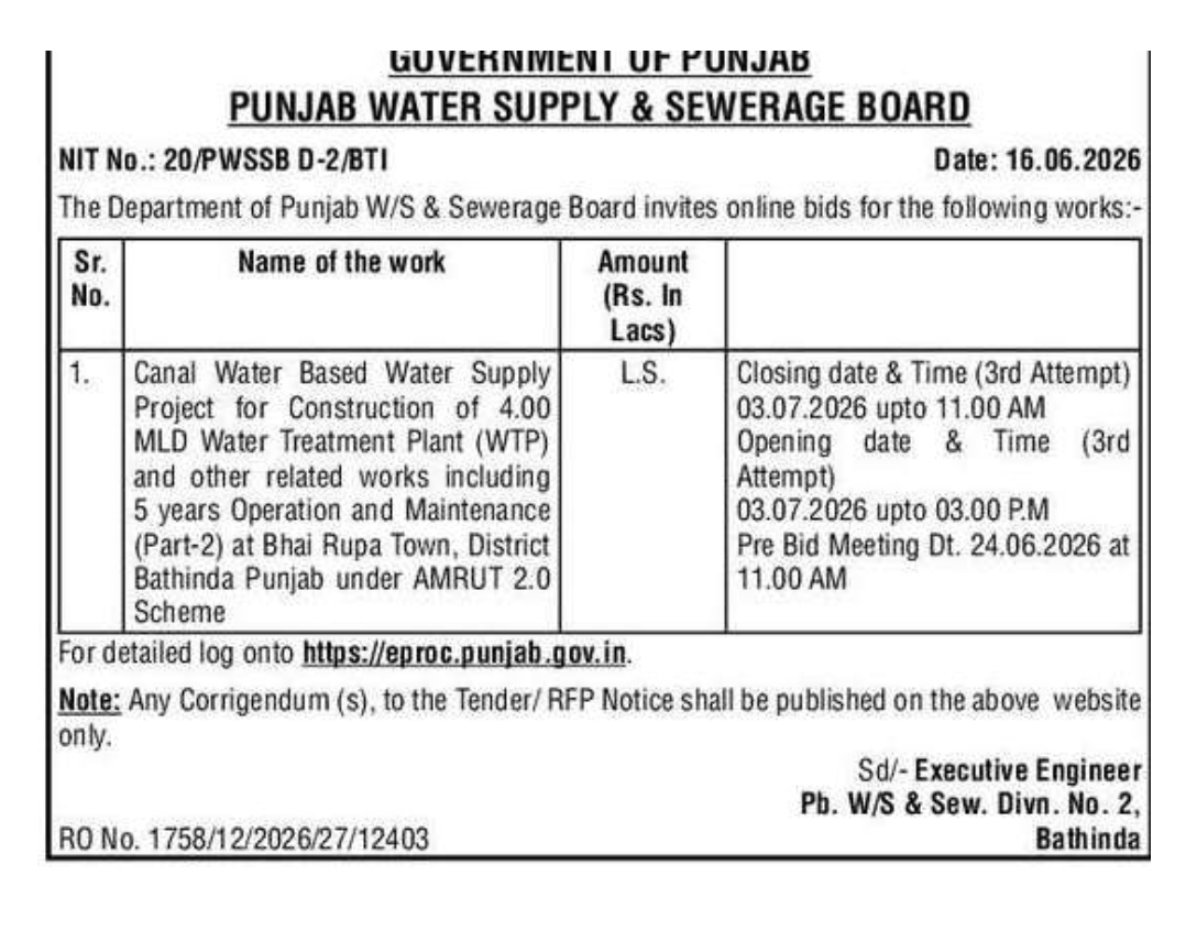 Punjab Water Supply & Sewerage Board Invites Bids