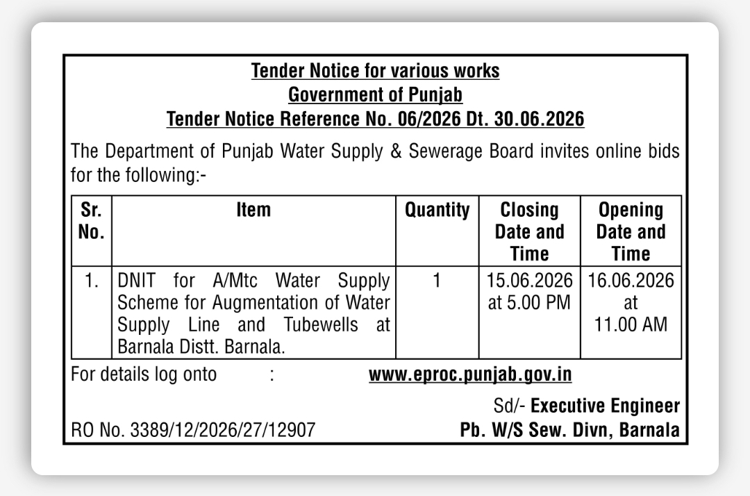 Punjab Water Supply & Sewerage Board – Tender Notice