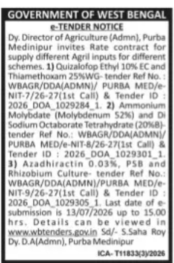 Purba Medinipur Agriculture Department e-Tender – Supply of Agricultural Inputs