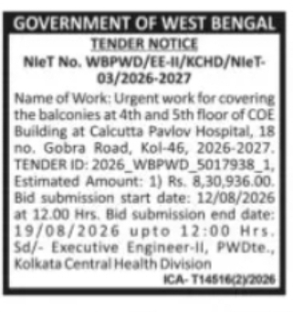 PWD – Balcony Covering Work at Calcutta Pavlov Hospital