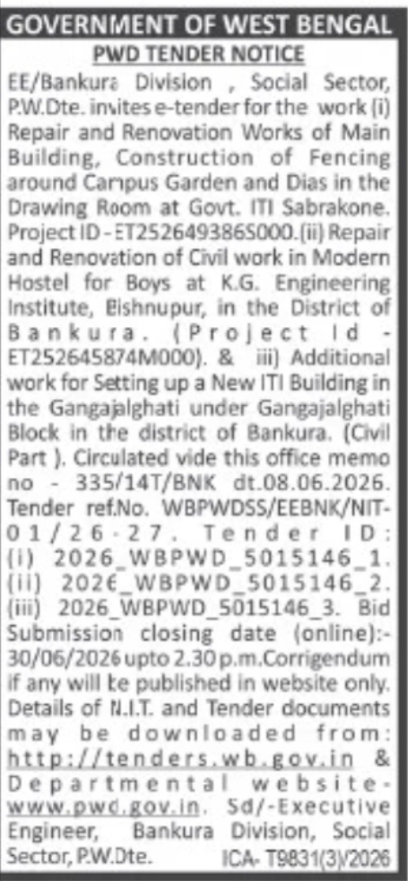 PWD Bankura Division Tender (Civil Works)