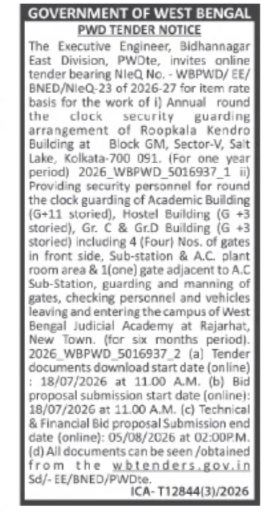 PWD Bidhannagar East Division Tender – Security Guard Services