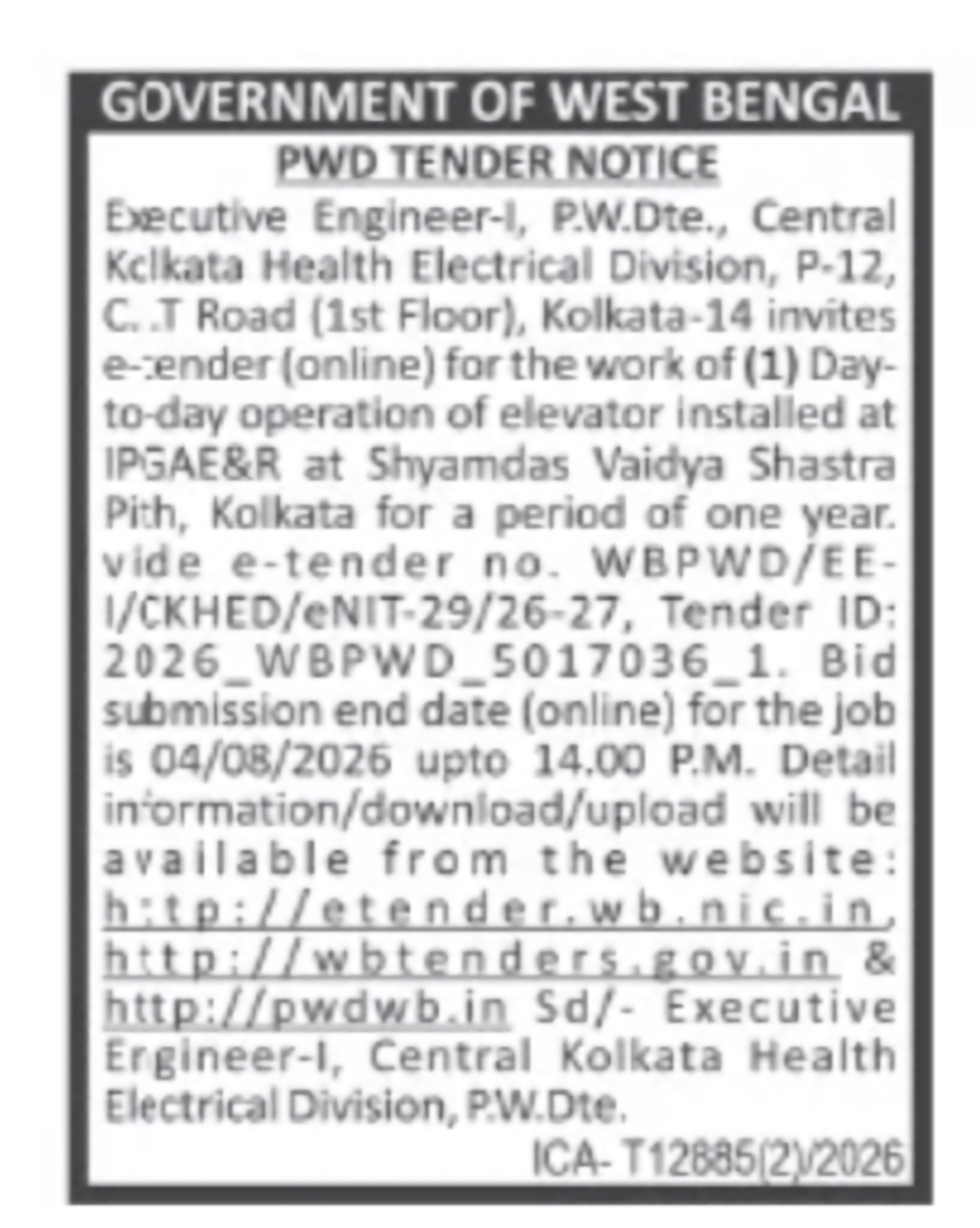 PWD Central Kolkata Health Electrical Division Tender – Elevator Operation