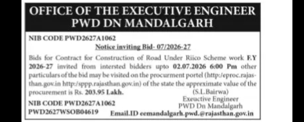 PWD Division Mandalgarh – Notice Inviting Bid 07/2026-27