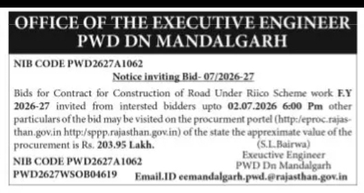 PWD Division Mandalgarh – Road Construction Tender (Rajasthan)