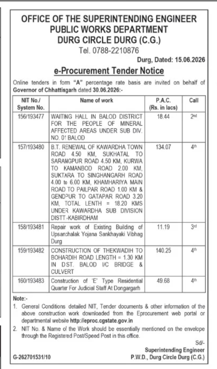 PWD Durg Circle, Chhattisgarh Invites E-Tenders for Road, Building & Residential Projects