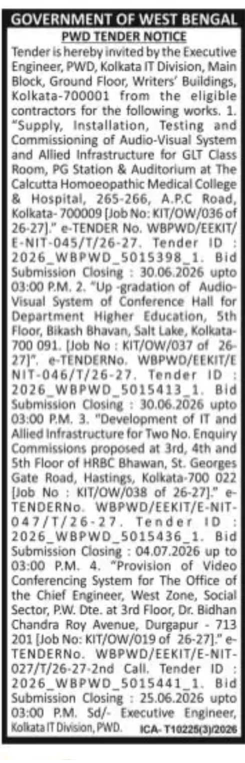 PWD Invites Bids for Video Conferencing System at Durgapur Office