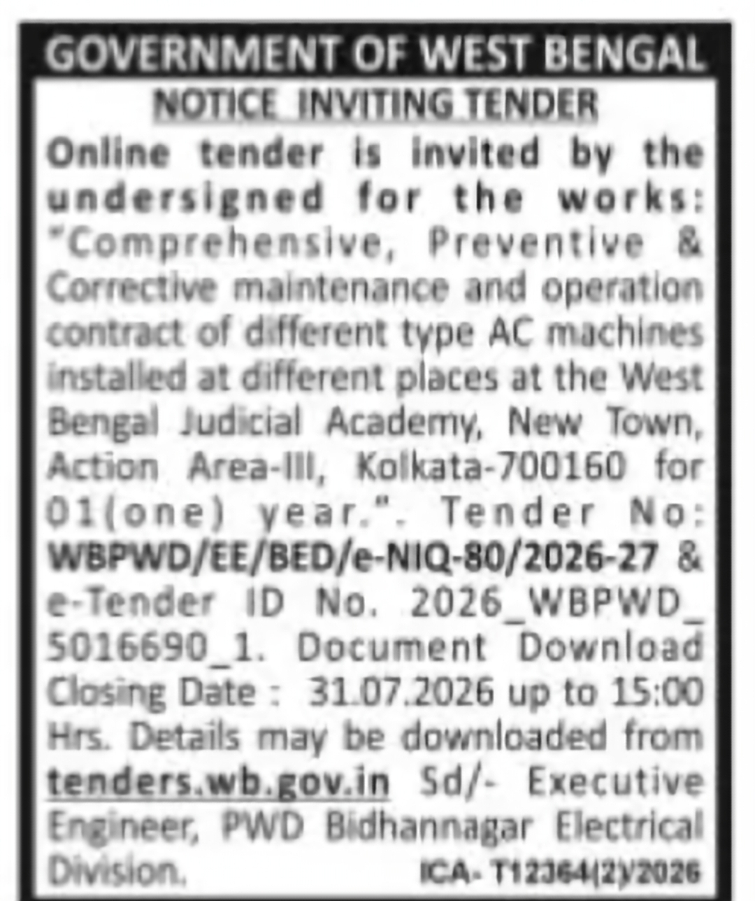 PWD Invites Tender for AC Maintenance at West Bengal Judicial Academy