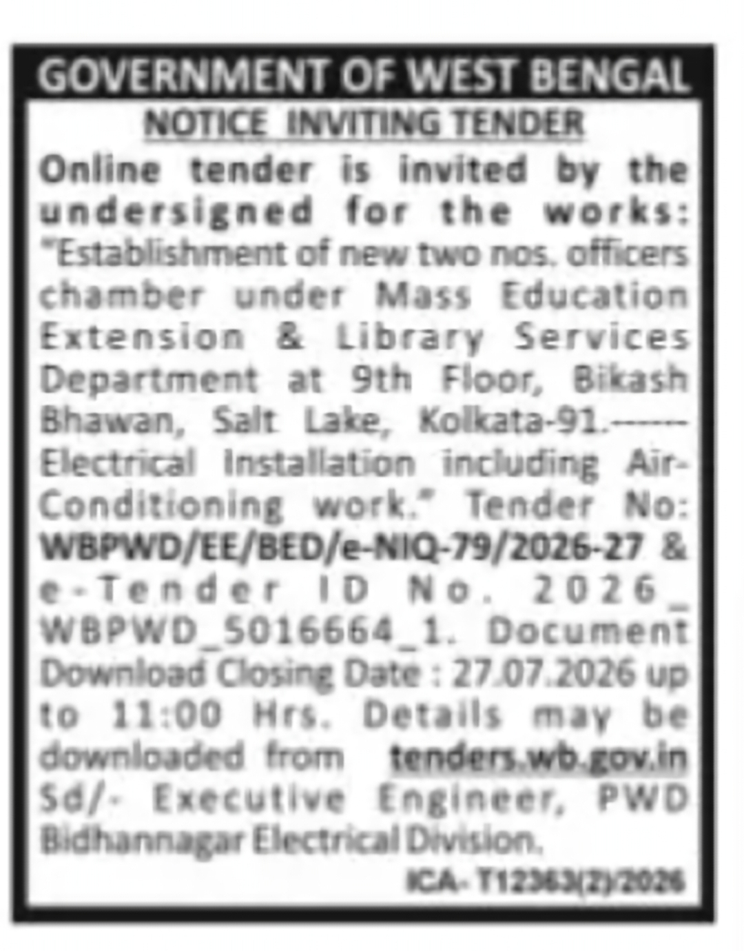 PWD Invites Tender for Electrical and Air-Conditioning Works at Bikash Bhavan