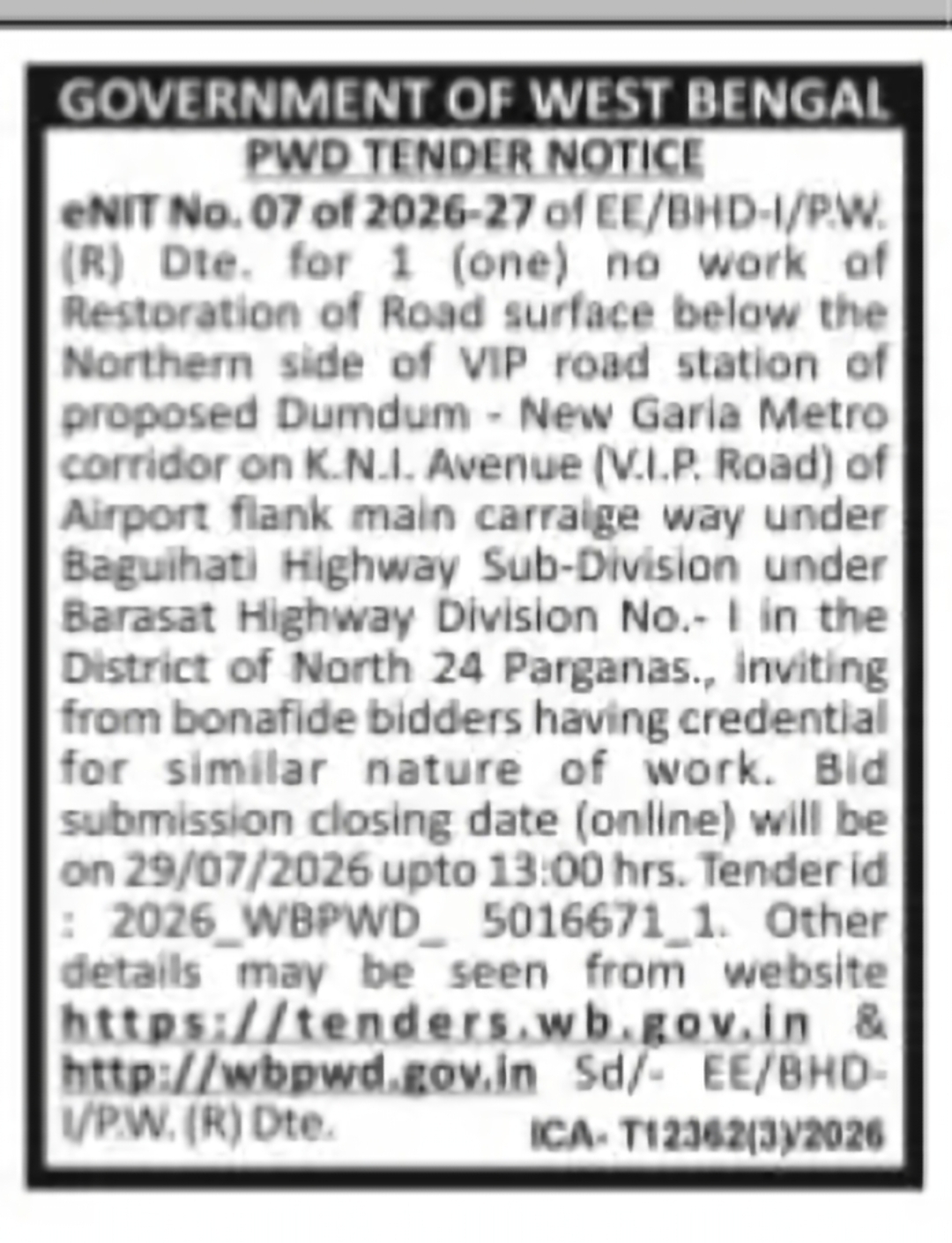 PWD Invites Tender for VIP Road Restoration Work