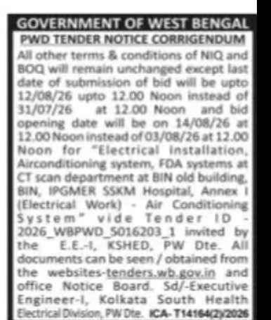 PWD Issues Corrigendum for Electrical Works at SSKM Hospital