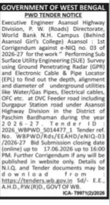 PWD Issues Corrigendum for SUE Survey Work Using GPR and EPL in Paschim Bardhaman