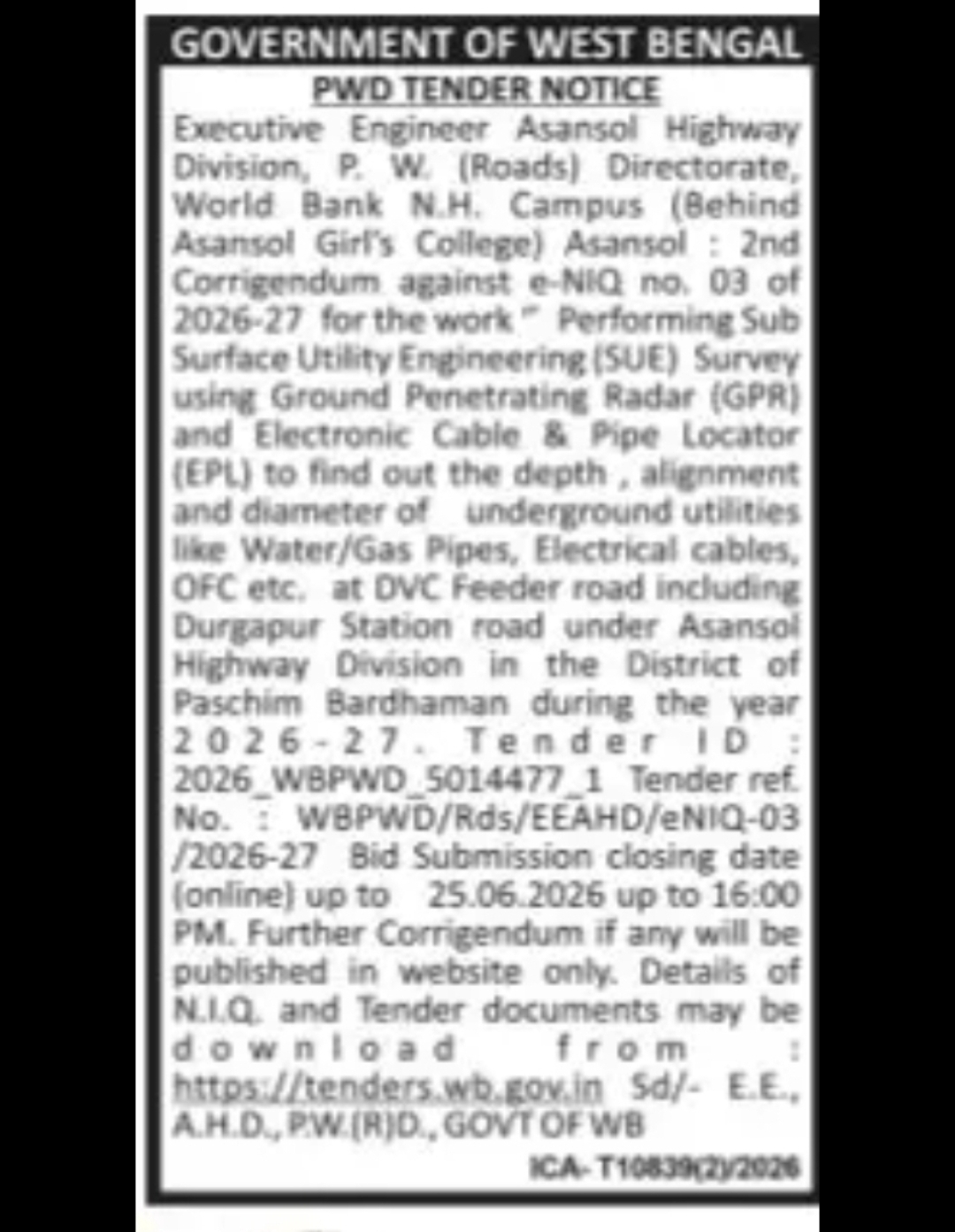 PWD Issues Corrigendum for Utility Engineering Survey Tender in Paschim Bardhaman