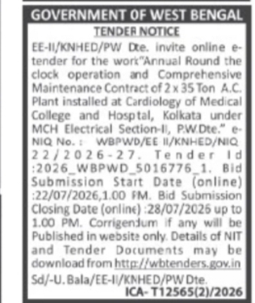 PWD Kolkata – AC Plant Maintenance Contract Tender