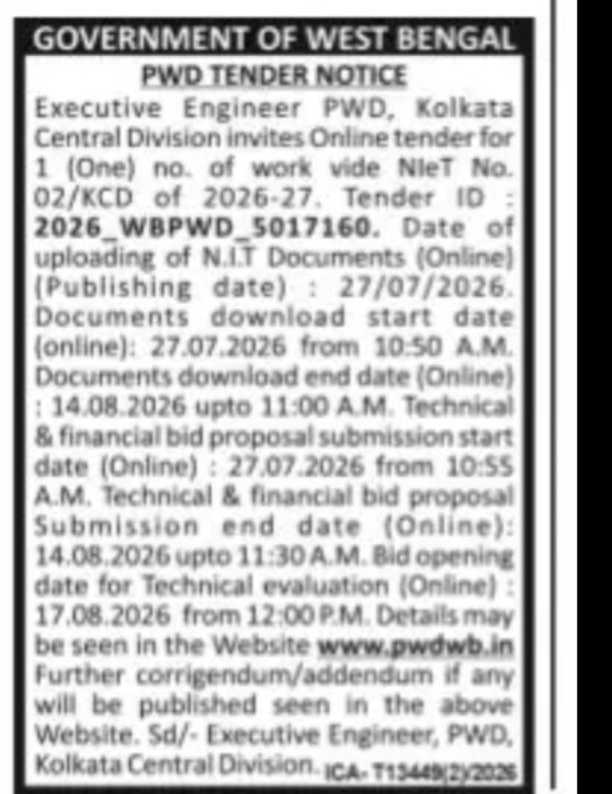 PWD Kolkata Central Division Tender