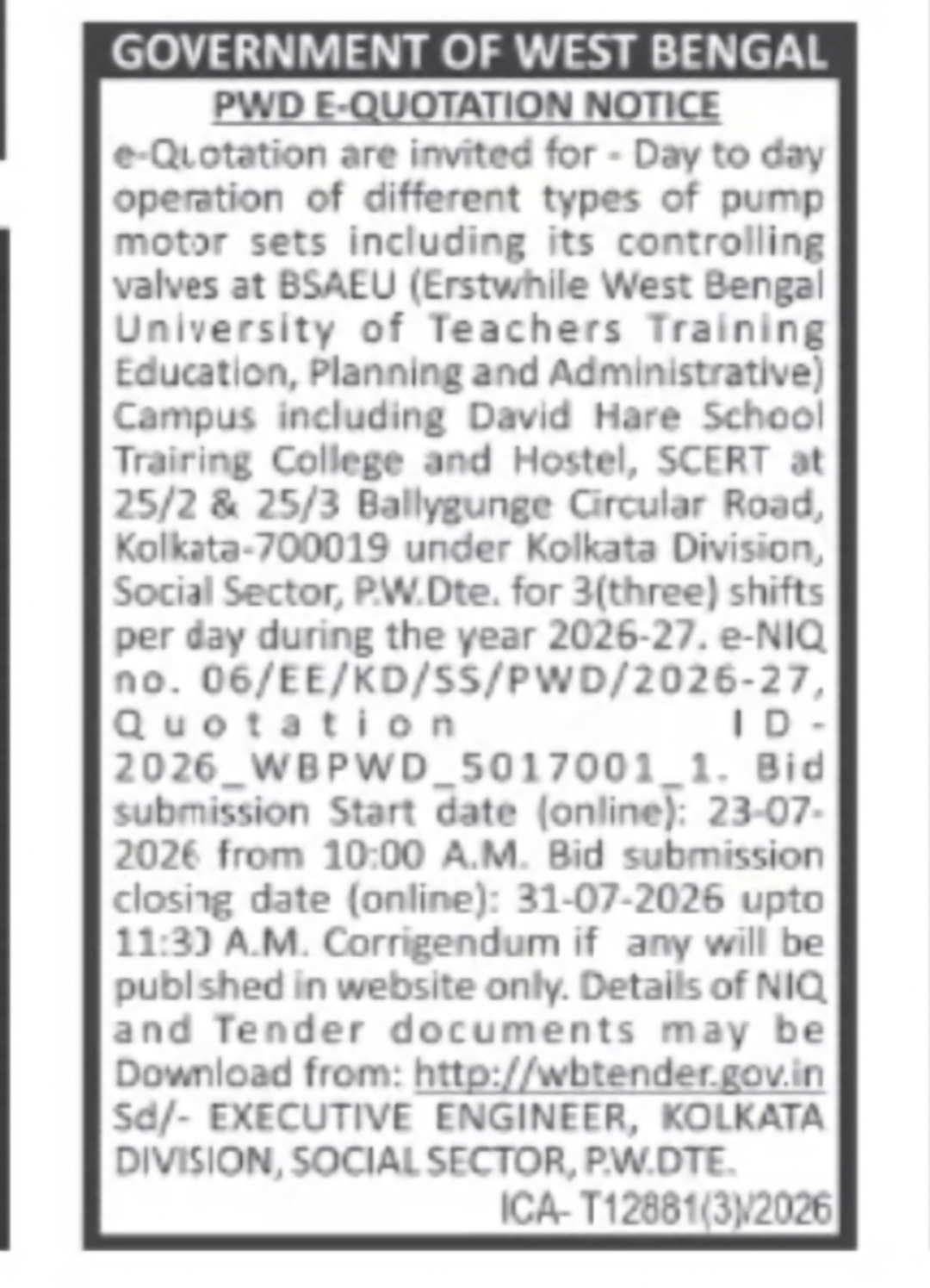 PWD Kolkata Division Tender – BSAEU Campus Pump Operation
