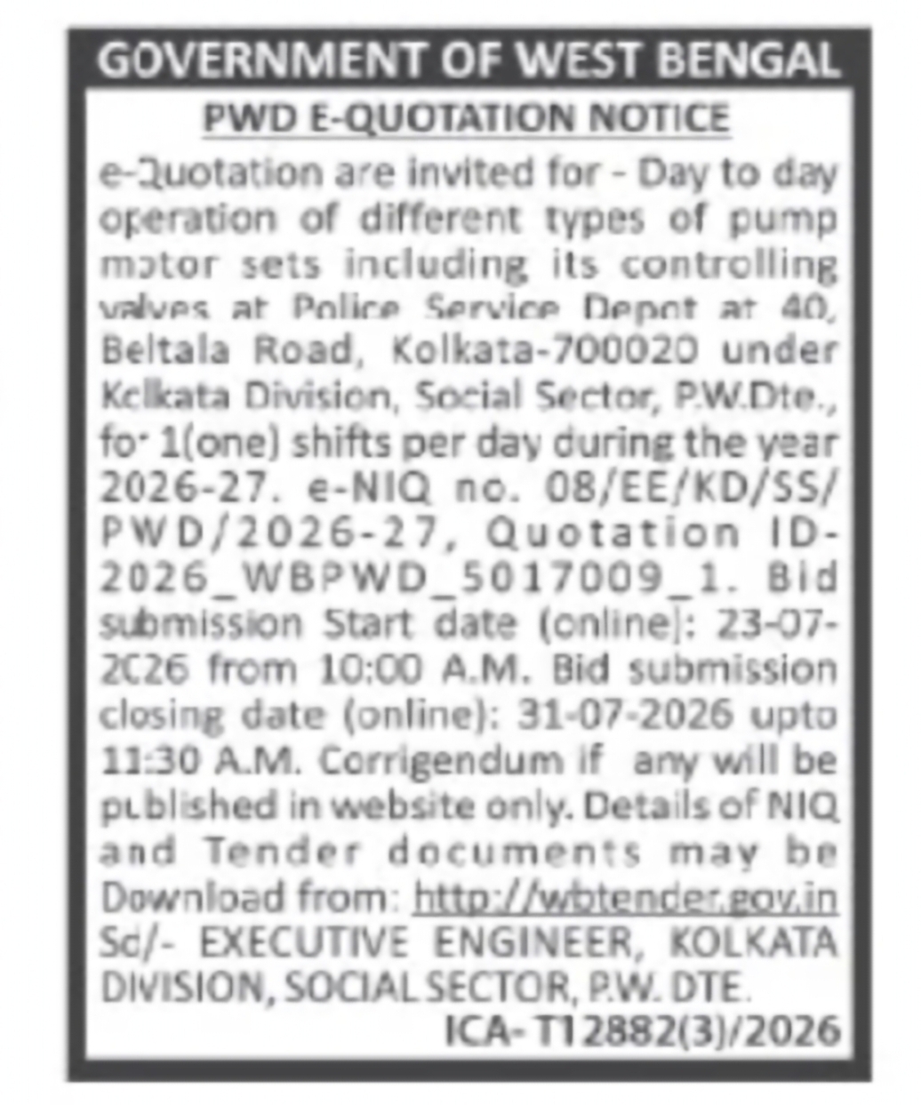 PWD Kolkata Division Tender – Police Service Department Pump Operation