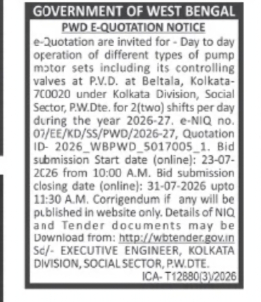 PWD Kolkata Division Tender – Pump Motor Operation Work