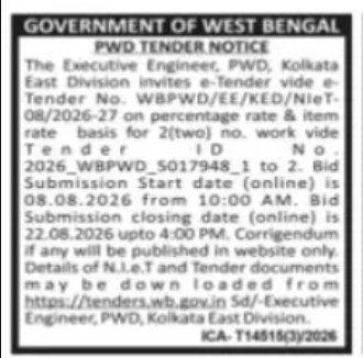 PWD Kolkata East Division – e-Tender for 2 Works