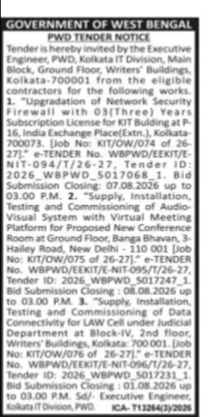 PWD Kolkata IT Division Tender Notice – Network Security, Audio Visual & Data Connectivity Works