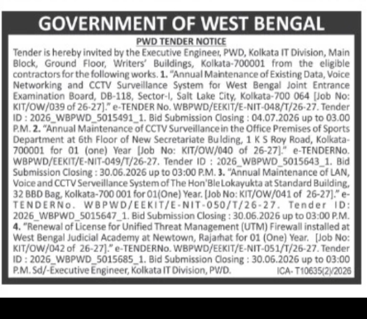 PWD Kolkata IT Division Tender Notice – Networking, CCTV & Firewall Maintenance