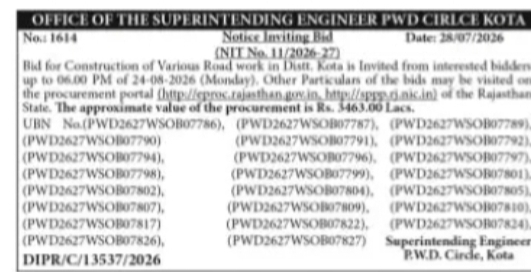 PWD Kota Invites Bids for Various Road Construction Works