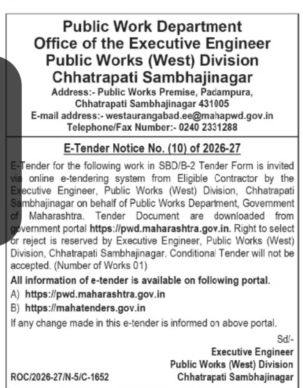 PWD Maharashtra Invites E-Tender – Public Works (West) Division, Chhatrapati Sambhajinagar | E-Tender Notice No. 10/2026-27