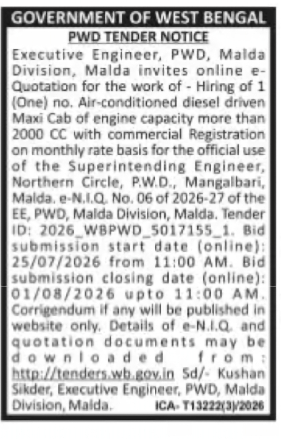 PWD Malda Division Tender – Hiring of Air-Conditioned Maxi Cab