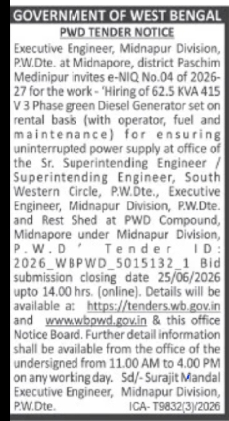 PWD Midnapur Division Tender (Generator Hiring)