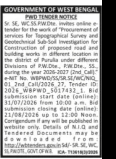 PWD Purulia e-Tender – Topographical Survey & Geotechnical Investigation