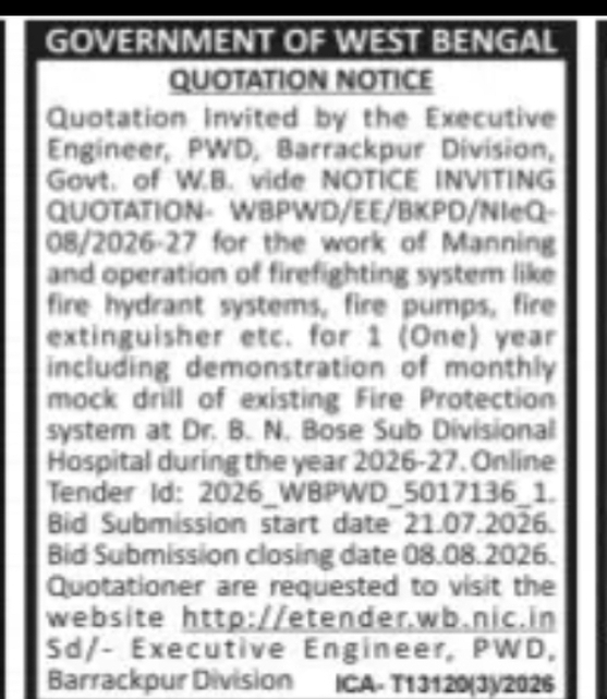 PWD Quotation – Fire Protection System Operation, Barrackpore