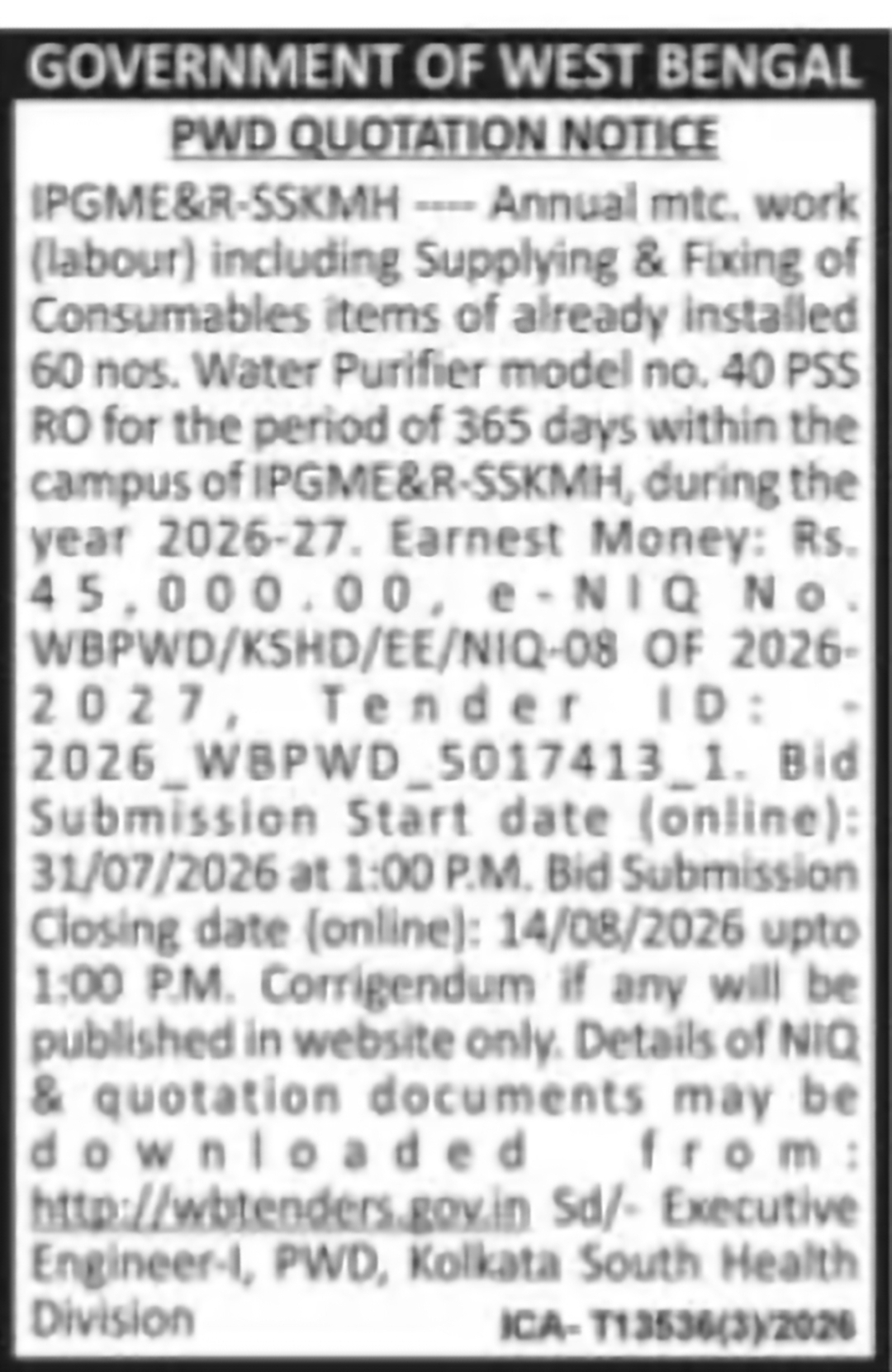 PWD Quotation: Maintenance of 60 Water Purifiers at IPGME&R-SSKMH