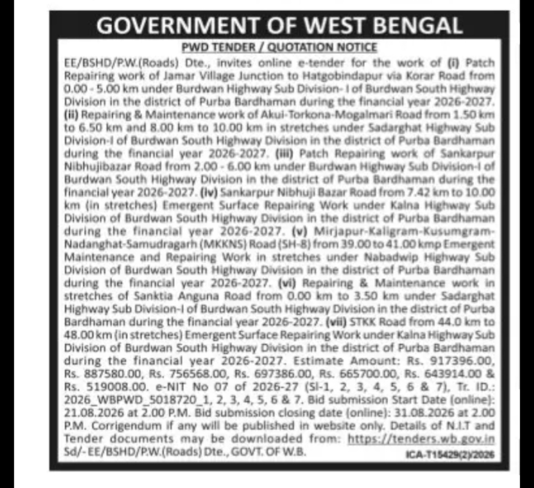 PWD Road Repair & Maintenance Tenders – Burdwan South Highway Division