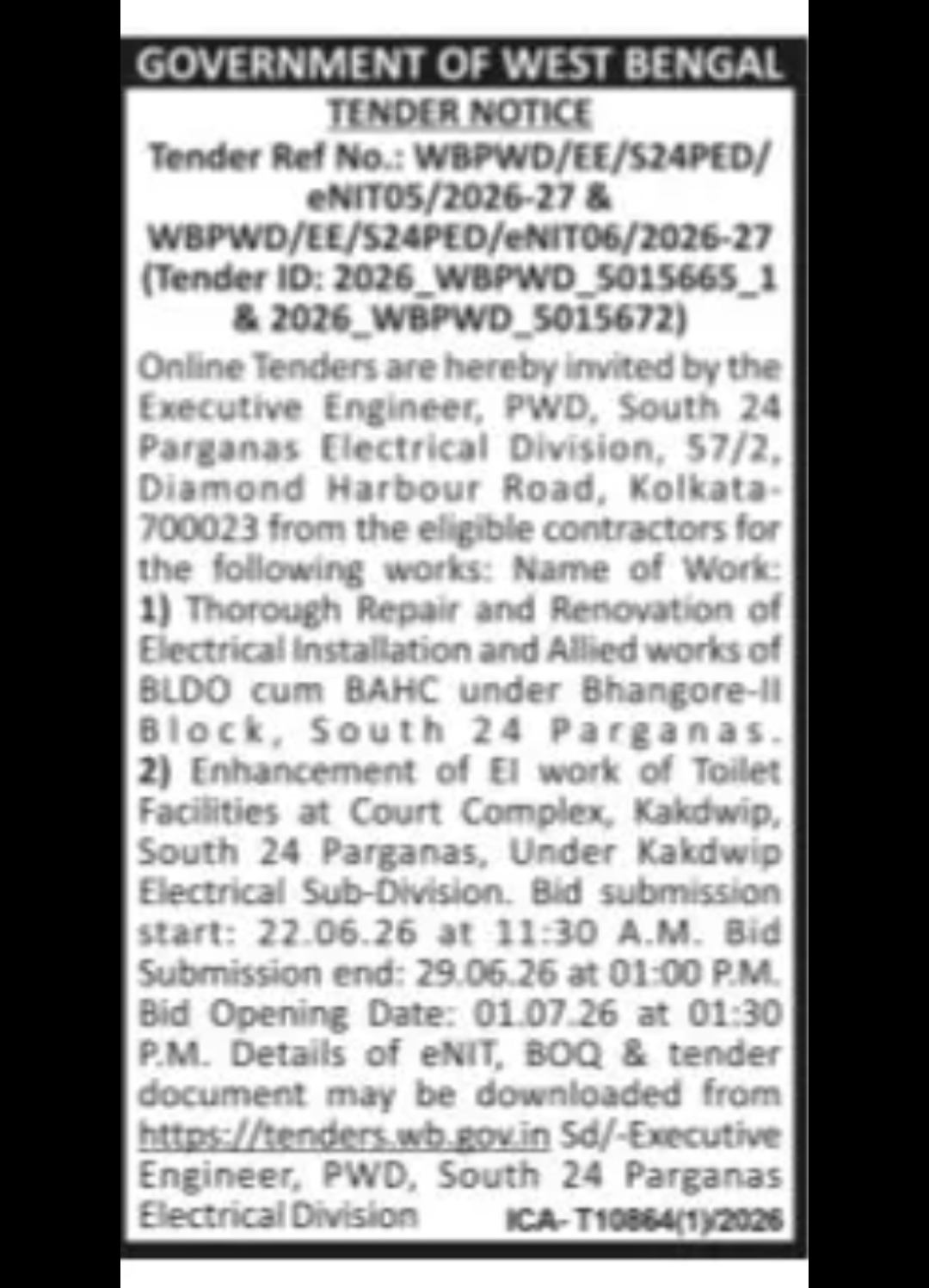 PWD South 24 Parganas Electrical Division Tender Notice