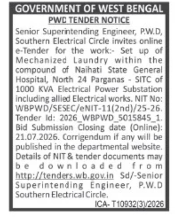 PWD Southern Electrical Circle Tender Notice