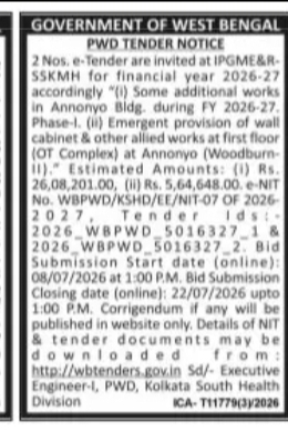 PWD Tender – Additional Building & OT Works at IPGME&R/SSKM Hospital