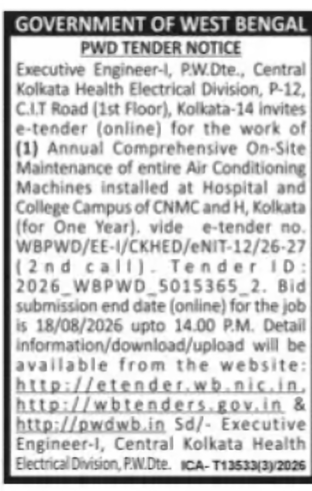 PWD Tender: Annual Air Conditioning Maintenance at CNMC&H