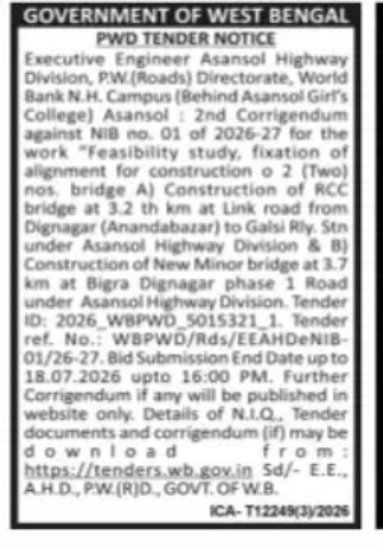 PWD Tender Corrigendum – Asansol Highway Division, West Bengal