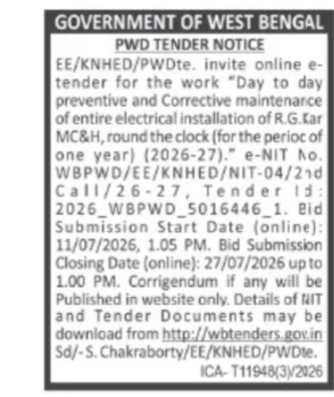 PWD Tender for Electrical Maintenance Work at R.G. Kar Medical College & Hospital