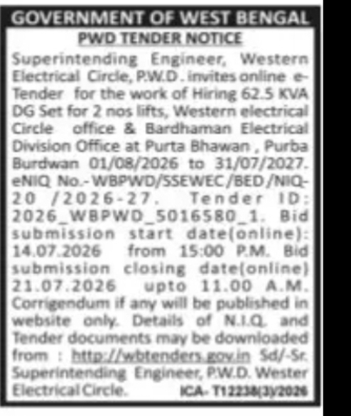 PWD Tender for Hiring of 62.5 KVA DG Sets