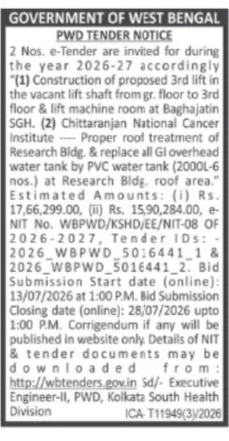 PWD Tender for Lift Installation and Roof Repair Works in Kolkata Hospitals