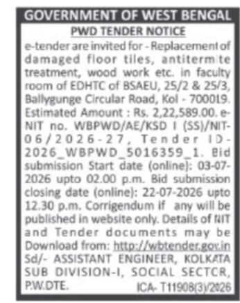 PWD Tender for Repair and Renovation Work at BSAEU, Ballygunge Kolkata