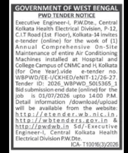 PWD Tender Notice – Air Conditioning Maintenance, CNMC & Hospital Kolkata