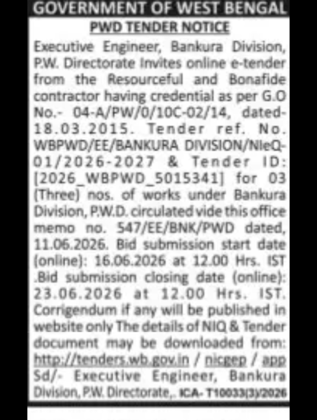 PWD Tender Notice – Bankura Division